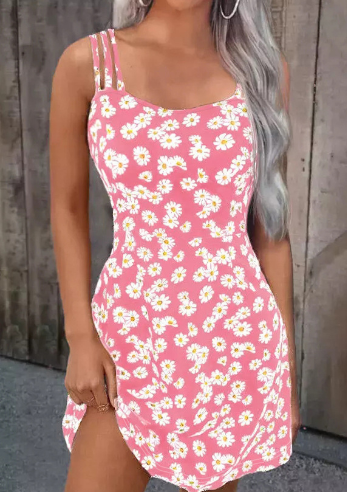 Women's Floral Print Mini Dress with Spaghetti Straps